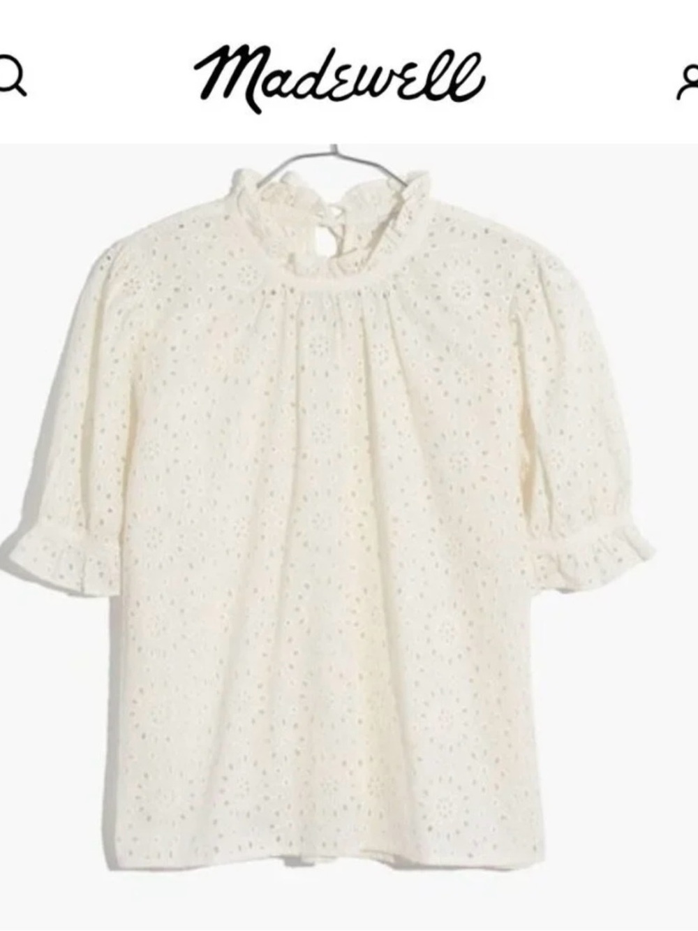 Madewell Women’s M Cream White Embroidered Eyelet Ruffle-Neck Keyhole Top